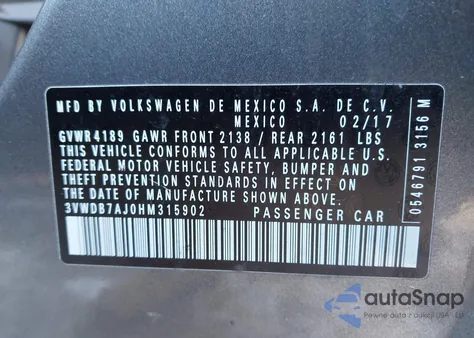 2017 Volkswagen Jetta 1.4T Se z USA, uszkodzony, nr VIN 3VWDB7AJ0HM315902